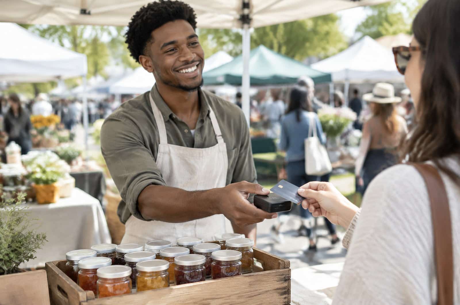 Young vitamin brand founder taking a card payment at his farmers market booth