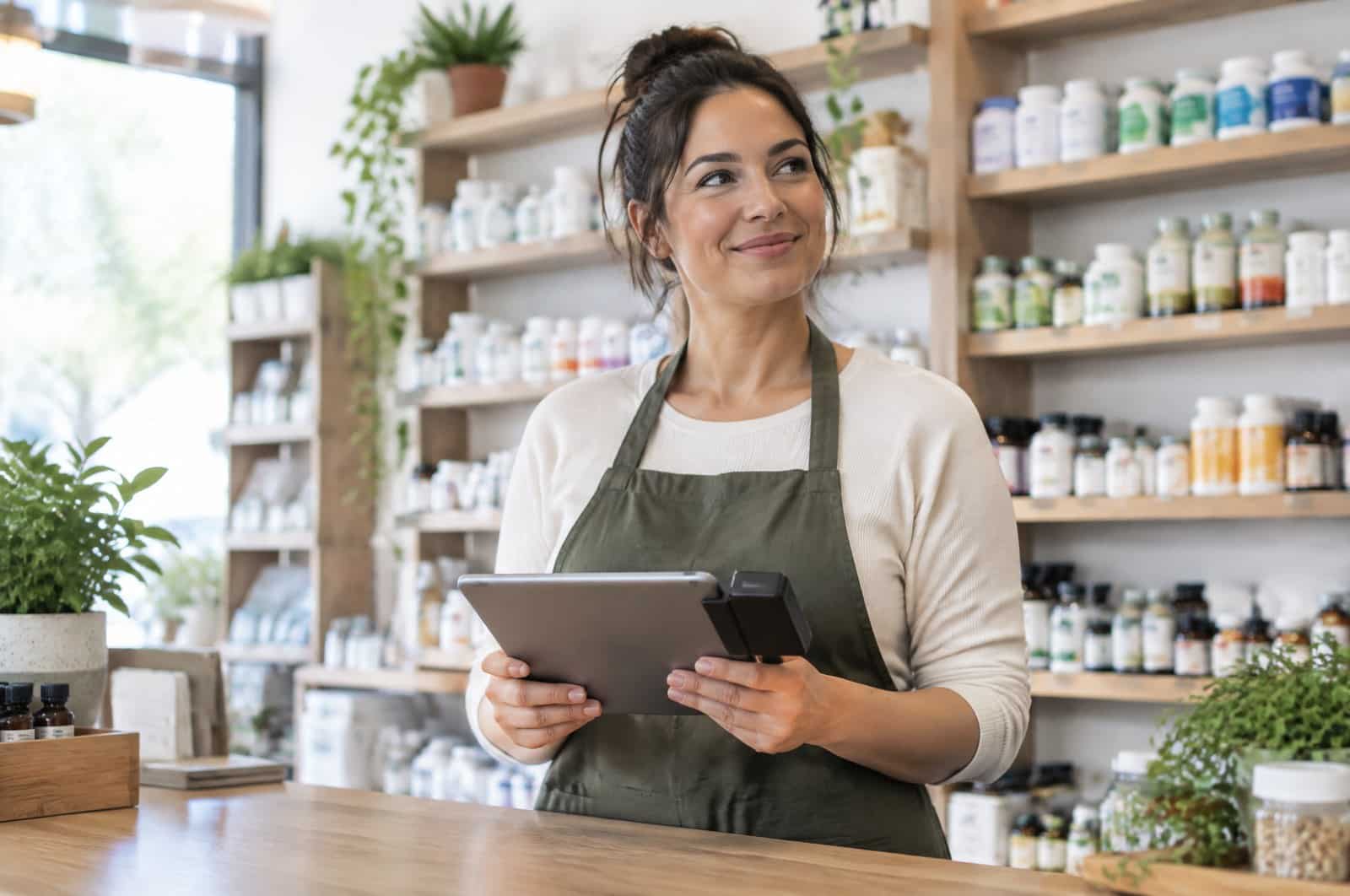 Supplement shop owner behind the counter holding a tablet with a card reader, shelves of vitamin bottles behind her