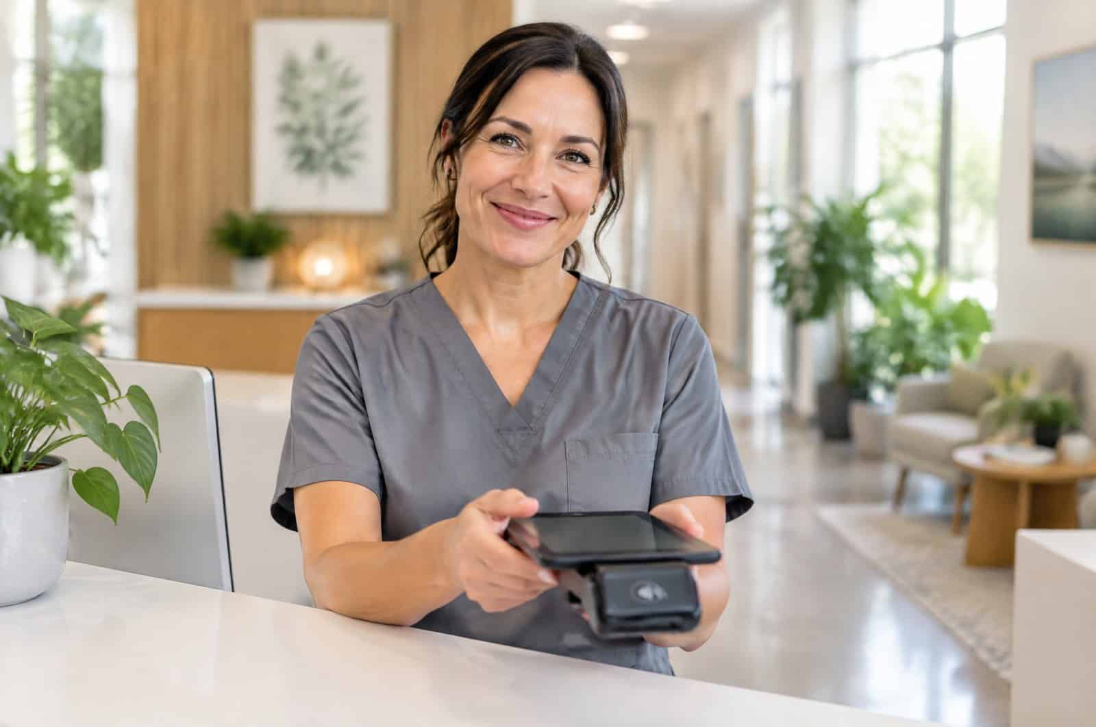 Patient coordinator at a medical weight loss clinic reception desk holding a tablet with a card reader