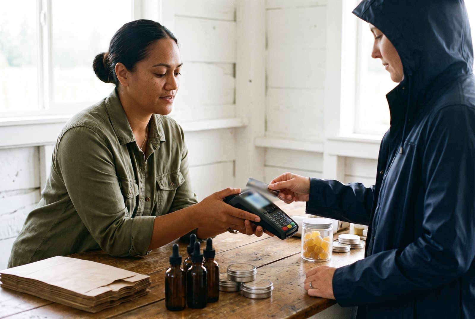 CBD farm store owner holding a handheld card terminal while a customer taps a card to pay for tinctures and gummies
