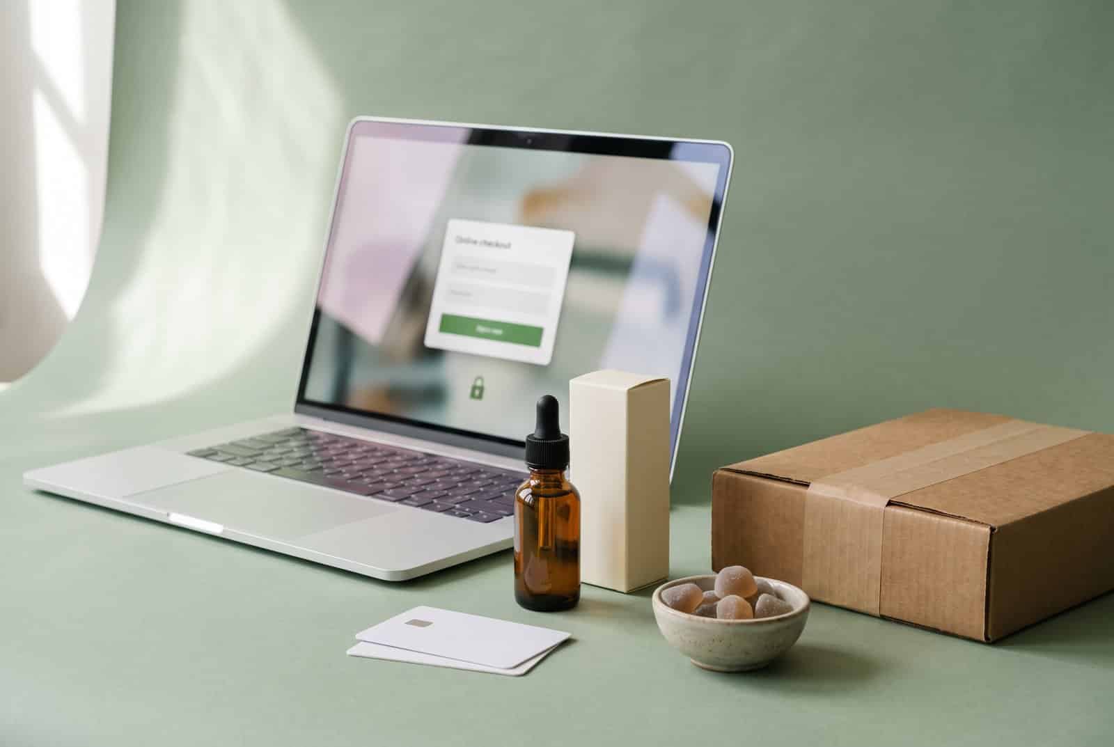Laptop showing an online checkout beside a CBD tincture bottle, credit cards and a shipping box