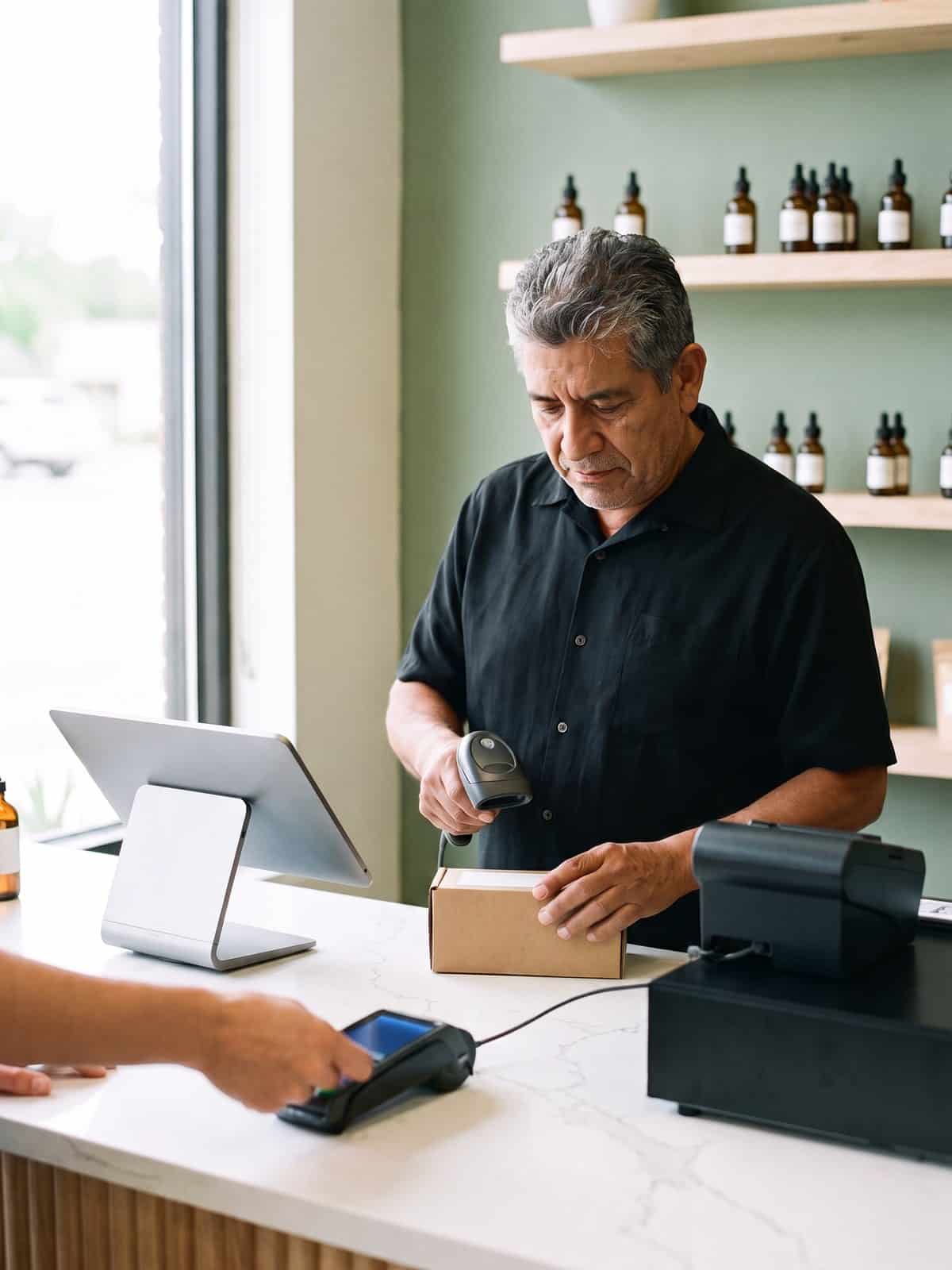 CBD shop owner scanning a boxed tincture at a retail POS counter with a tablet register, receipt printer, cash drawer and card reader