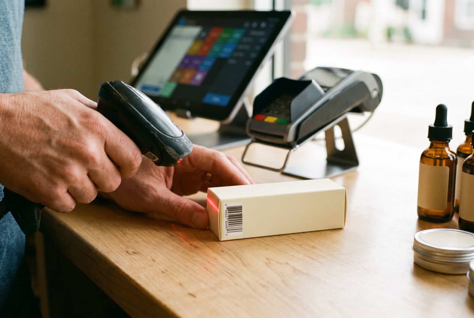 Cashier scanning the barcode on a CBD tincture box at a counter with a tablet POS and card terminal