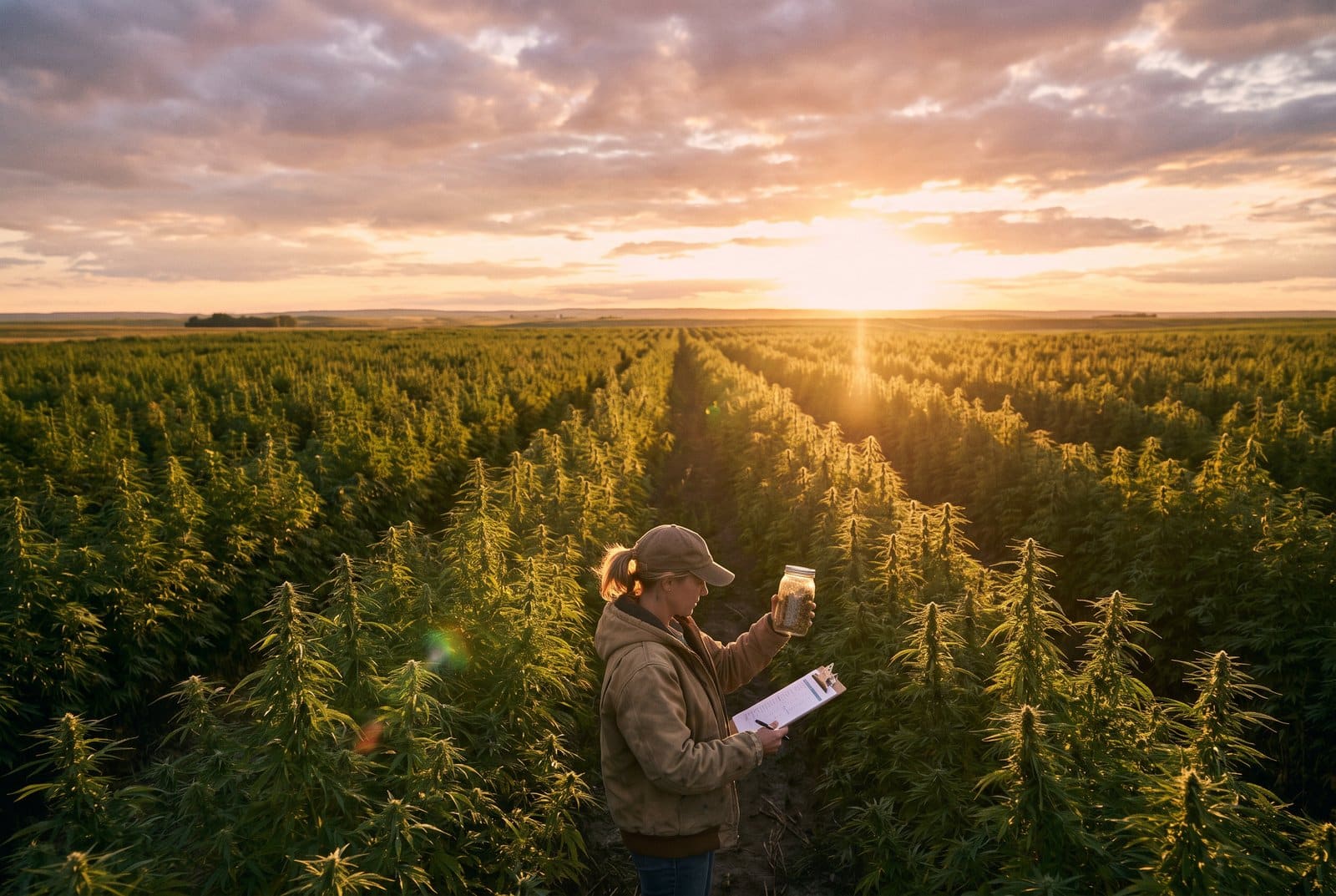 Hemp grower checking a sample jar against a lab report in a hemp field at sunset
