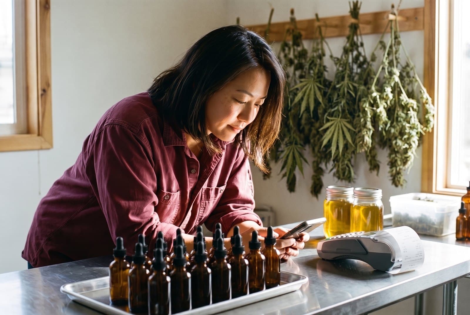 Hemp oil company owner checking card payments on her phone beside amber dropper bottles and a card terminal
